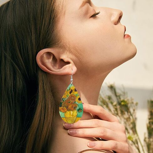 Lightweight Handmade Nature Wooden Sunflower Oil Painting Dangle Drop Earrings Boho teardrop Van Gogh Starry Wood Earring for Women Girls Creative Artwork Pendant Earrings Jewelry in Saudi Arabia