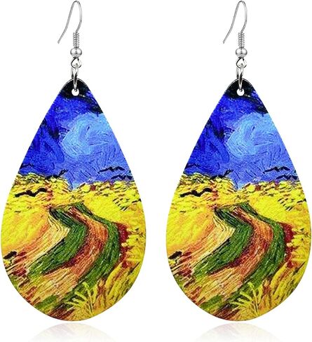 Lightweight Handmade Nature Wooden Sunflower Oil Painting Dangle Drop Earrings Boho teardrop Van Gogh Starry Wood Earring for Women Girls Creative Artwork Pendant Earrings Jewelry in Saudi Arabia