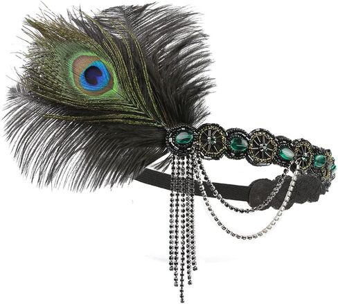 1920s Feather Headband Flapper Headpiece Beaded Gatsby Rhinestone Hair Chain Accessories Women Tassel Headdress in Saudi Arabia