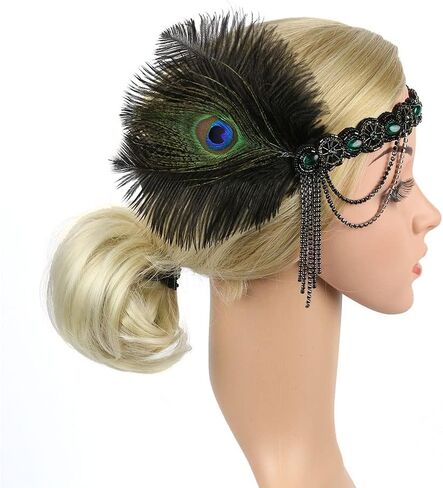 1920s Feather Headband Flapper Headpiece Beaded Gatsby Rhinestone Hair Chain Accessories Women Tassel Headdress in Saudi Arabia