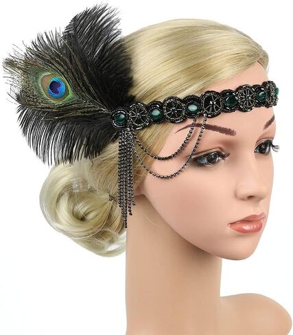 1920s Feather Headband Flapper Headpiece Beaded Gatsby Rhinestone Hair Chain Accessories Women Tassel Headdress in Saudi Arabia