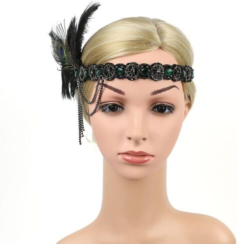 1920s Feather Headband Flapper Headpiece Beaded Gatsby Rhinestone Hair Chain Accessories Women Tassel Headdress in Saudi Arabia