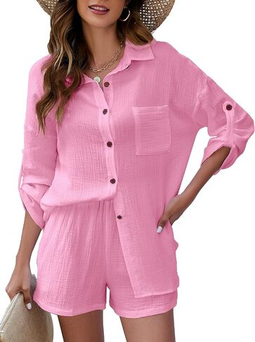 بيهايم طقم ملابس استرخاء للنساء من القطن والكتان مكون من قطعتين قميص بأزرار سفلية وشورت كاجوال فضفاض in Kuwait
