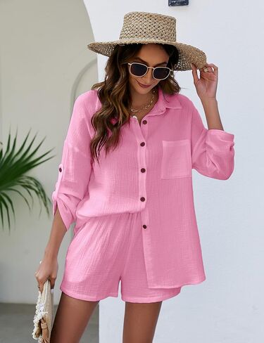 بيهايم طقم ملابس استرخاء للنساء من القطن والكتان مكون من قطعتين قميص بأزرار سفلية وشورت كاجوال فضفاض in Kuwait