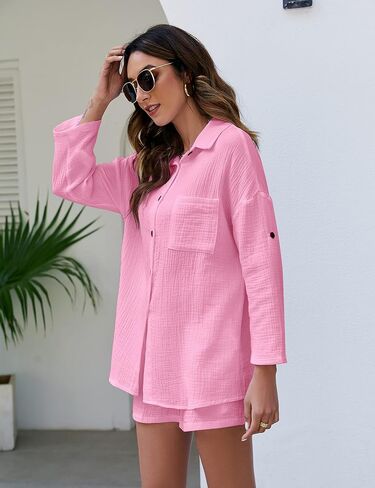 بيهايم طقم ملابس استرخاء للنساء من القطن والكتان مكون من قطعتين قميص بأزرار سفلية وشورت كاجوال فضفاض in Kuwait