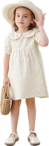 Peter-pan Floral Kids Dresses Summer Puff Sleeved Back Wood Buttons Boutique Casual Girls Dress for Summer in Saudi Arabia