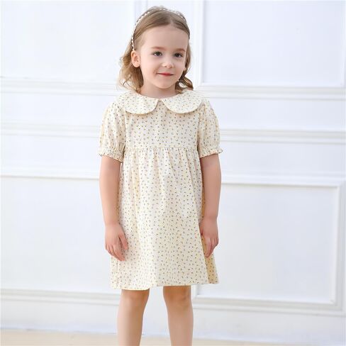Peter-pan Floral Kids Dresses Summer Puff Sleeved Back Wood Buttons Boutique Casual Girls Dress for Summer in Saudi Arabia