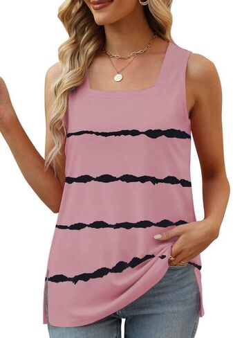 SHEWIN Womens Summer Square Neck Striped Tank Top Casual Loose Fit Sleeveless Tops Shirts in Saudi Arabia