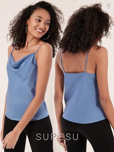 SUPESU Women's Satin Tank Top Ladies Cowl Neck Camisole Silky Loose Sleeveless Spaghetti Strap Blouse Shirt in Saudi Arabia