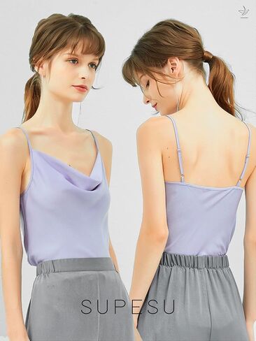 SUPESU Women's Satin Tank Top Ladies Cowl Neck Camisole Silky Loose Sleeveless Spaghetti Strap Blouse Shirt in Saudi Arabia