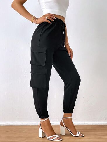 MakeMeChic Women's Casual Drawstring High Waist Flap Pocket Jogger Workout Cargo Pants in Saudi Arabia