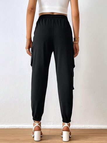 MakeMeChic Women's Casual Drawstring High Waist Flap Pocket Jogger Workout Cargo Pants in Saudi Arabia