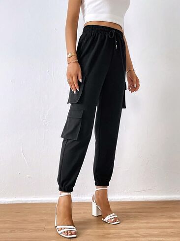 MakeMeChic Women's Casual Drawstring High Waist Flap Pocket Jogger Workout Cargo Pants in Saudi Arabia