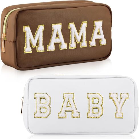 Sanwuta 2 Pieces Nylon Cosmetic Bag Chenille Letter Makeup Bag Pouch Zipper Travel Toiletries Pouch Preppy Patch Cosmetic Travel Toiletry Bag for Women and Girls (Baby and Mama, Camel, White) in Saudi Arabia