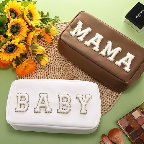 Sanwuta 2 Pieces Nylon Cosmetic Bag Chenille Letter Makeup Bag Pouch Zipper Travel Toiletries Pouch Preppy Patch Cosmetic Travel Toiletry Bag for Women and Girls (Baby and Mama, Camel, White) in Saudi Arabia