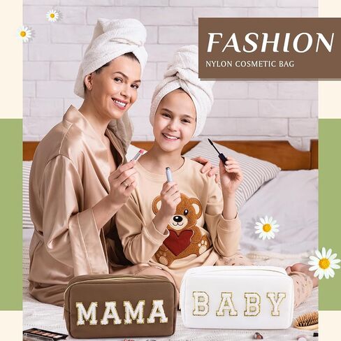 Sanwuta 2 Pieces Nylon Cosmetic Bag Chenille Letter Makeup Bag Pouch Zipper Travel Toiletries Pouch Preppy Patch Cosmetic Travel Toiletry Bag for Women and Girls (Baby and Mama, Camel, White) in Saudi Arabia