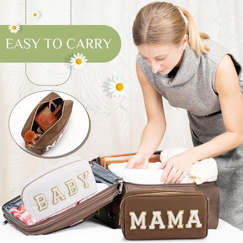 Sanwuta 2 Pieces Nylon Cosmetic Bag Chenille Letter Makeup Bag Pouch Zipper Travel Toiletries Pouch Preppy Patch Cosmetic Travel Toiletry Bag for Women and Girls (Baby and Mama, Camel, White) in Saudi Arabia