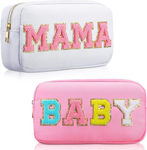 Sanwuta 2 Pieces Nylon Cosmetic Bag Chenille Letter Makeup Bag Pouch Zipper Travel Toiletries Pouch Preppy Patch Cosmetic Travel Toiletry Bag for Women and Girls (Baby and Mama, Camel, White) in Saudi Arabia