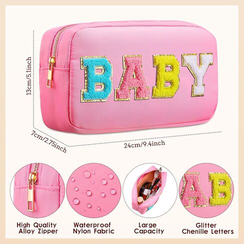 Sanwuta 2 Pieces Nylon Cosmetic Bag Chenille Letter Makeup Bag Pouch Zipper Travel Toiletries Pouch Preppy Patch Cosmetic Travel Toiletry Bag for Women and Girls (Baby and Mama, Camel, White) in Saudi Arabia