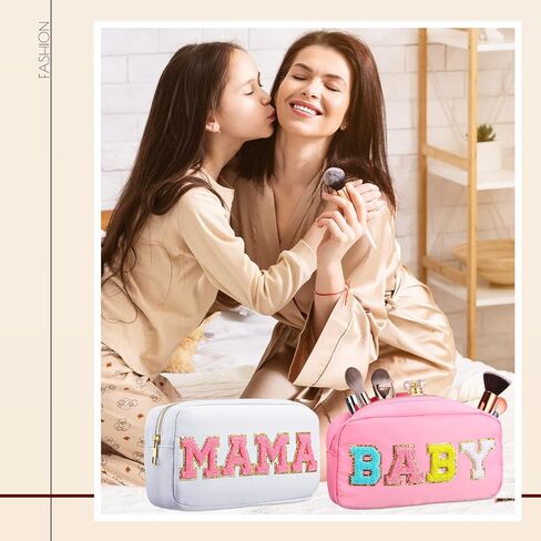Sanwuta 2 Pieces Nylon Cosmetic Bag Chenille Letter Makeup Bag Pouch Zipper Travel Toiletries Pouch Preppy Patch Cosmetic Travel Toiletry Bag for Women and Girls (Baby and Mama, Camel, White) in Saudi Arabia