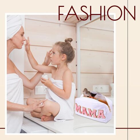 Sanwuta 2 Pieces Nylon Cosmetic Bag Chenille Letter Makeup Bag Pouch Zipper Travel Toiletries Pouch Preppy Patch Cosmetic Travel Toiletry Bag for Women and Girls (Baby and Mama, Camel, White) in Saudi Arabia