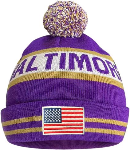 US Flag Baltimore City Football Embroidery Classic Pom Cuff Baltimore Beanie Hat Cuffed Winter Hat Knit Toque Skull Cap Purple in Kuwait