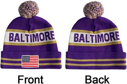 US Flag Baltimore City Football Embroidery Classic Pom Cuff Baltimore Beanie Hat Cuffed Winter Hat Knit Toque Skull Cap Purple in Kuwait