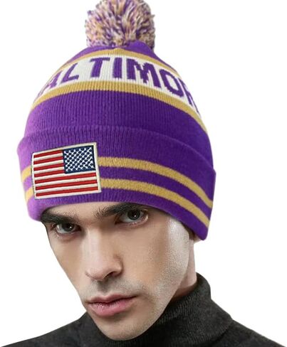 US Flag Baltimore City Football Embroidery Classic Pom Cuff Baltimore Beanie Hat Cuffed Winter Hat Knit Toque Skull Cap Purple in Kuwait