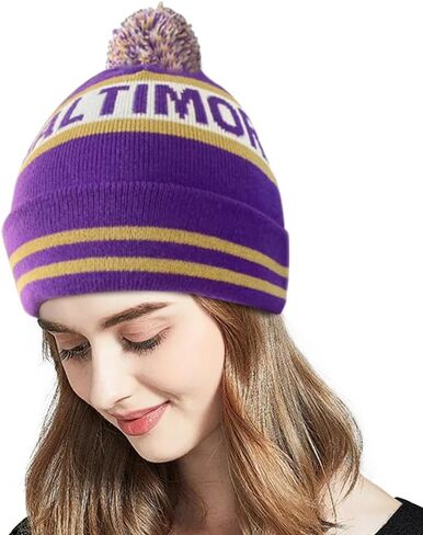 US Flag Baltimore City Football Embroidery Classic Pom Cuff Baltimore Beanie Hat Cuffed Winter Hat Knit Toque Skull Cap Purple in Kuwait