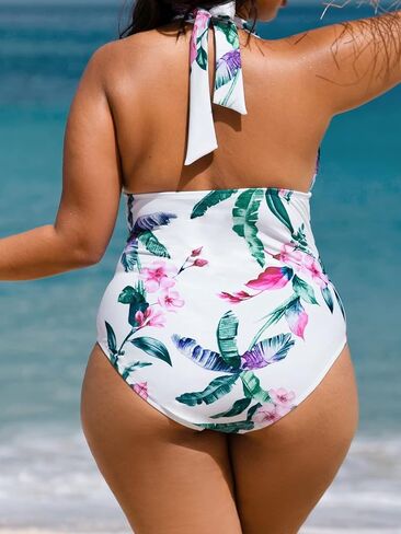 CUPSHE المرأة حجم كبير ملابس السباحة قطعة واحدة ثوب السباحة الخامس الرقبة الرسن Ruched البطن التحكم الاستوائية عارية الذراعين in Kuwait