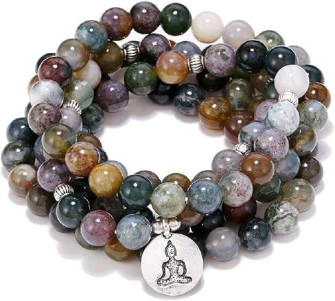 Fuqimanman2020 108 Natural Indian Agate Mala Beads Strand Bracelet Stretch Buddha Healing Gemstone Reiki Quartz Crystal Wrap Yoga Meditation Prayer Rosary Jewelry for Women Men in Saudi Arabia