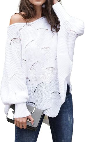 Relipop Women's Pullover Batwing Sleeve Loose Hollow Knit Sweaters in Saudi Arabia