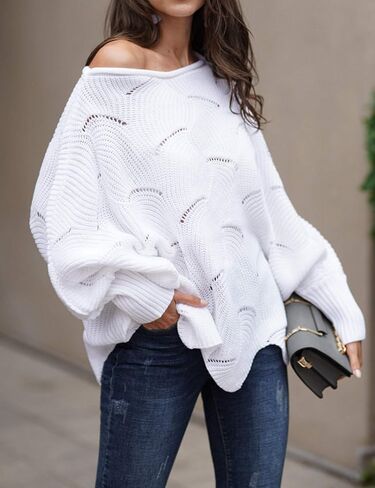 Relipop Women's Pullover Batwing Sleeve Loose Hollow Knit Sweaters in Saudi Arabia