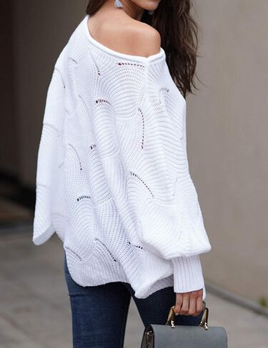 Relipop Women's Pullover Batwing Sleeve Loose Hollow Knit Sweaters in Saudi Arabia