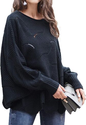 Relipop Women's Pullover Batwing Sleeve Loose Hollow Knit Sweaters in Saudi Arabia