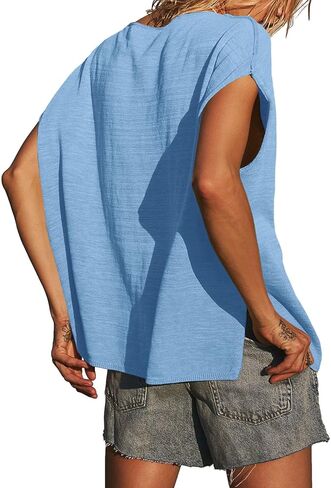 سترة نسائية Saodimallsu برقبة على شكل حرف V وأكمام قصيرة، قمصان صيفية كاجوال فضفاضة بمقاس جانبي وفتحة جانبية in Kuwait