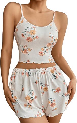 Floerns Women's Heart Print Sleepwear Lace Cami Top and Lettuce Trim Bow Knot Shorts Pajama Set in Saudi Arabia