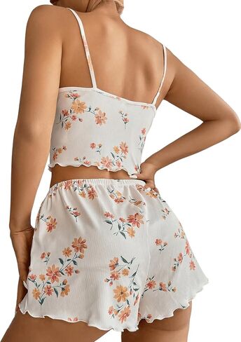 Floerns Women's Heart Print Sleepwear Lace Cami Top and Lettuce Trim Bow Knot Shorts Pajama Set in Saudi Arabia