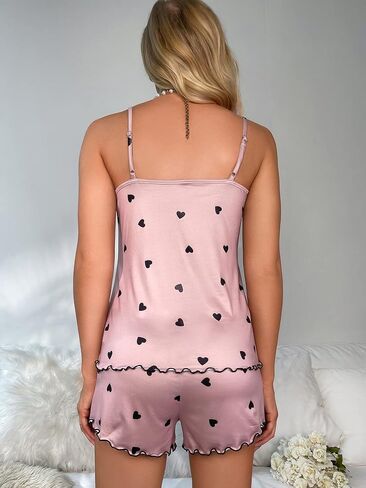 Floerns Women's Heart Print Sleepwear Lace Cami Top and Lettuce Trim Bow Knot Shorts Pajama Set in Saudi Arabia