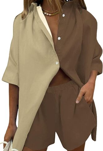 Meenew Women's 2 Piece Outfits Button Down Short Sleeve Shirts and Shorts Set Summer Sweatsuits Loungewear Set in Kuwait