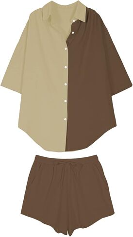 Meenew Women's 2 Piece Outfits Button Down Short Sleeve Shirts and Shorts Set Summer Sweatsuits Loungewear Set in Kuwait
