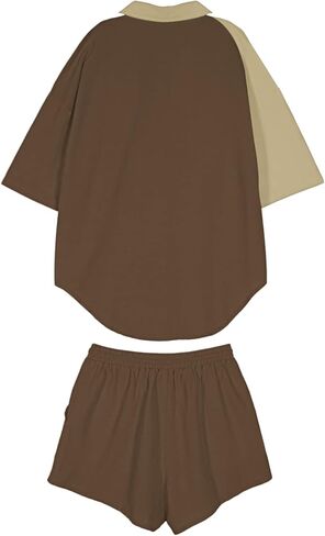 Meenew Women's 2 Piece Outfits Button Down Short Sleeve Shirts and Shorts Set Summer Sweatsuits Loungewear Set in Kuwait