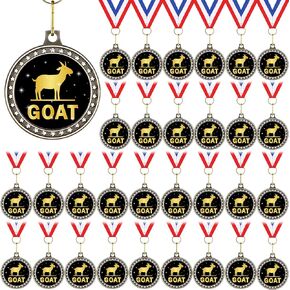 32 Pcs Greatest of All Time Champ Medal with Neck Ribbon Goat Pendant Medal Award Funny Recognition Football Medals MVP Necklace Fantasy Sports Award for Tournament League Champion