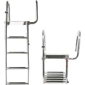 Amarine Made 4 Steps Removable Premium Stainless Folding Rear Entry Pontoon Boat Ladder w/Extra Wide Step-Right