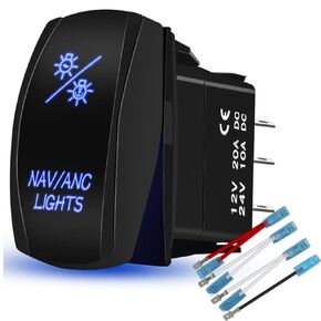 NAV/ANC Rocker Switch On-Off-On Navigation Lights Anchor Lights Toggle Switch Waterproof 12V/20A 24V/10A 7Pin DPDT Blue LED Light, with Jumper Wires Set for Marine Boat Vessel Ship