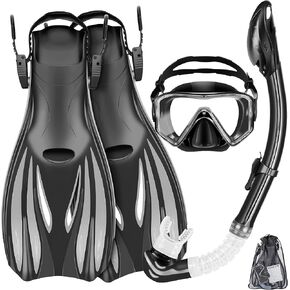 Snorkeling Gear for Adults Kids - Mask Fins Snorkel Set with Panoramic View Snorkel Mask Anti-Fog Anti-Leak, Dry Top Snorkel, Dive Flippers and Gear Bag