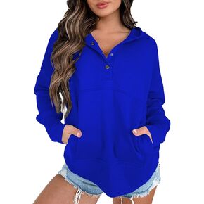 Nimsruc Women Casual Hooded Pullover Top Basic Lightweight Button Collar Long Sleeve Sweatshirt With Kangaroo Pocket