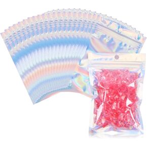 Holographic Resealable Bags - RAINFLOW 100 pcs Small Holographic Bags Packaging Bags for Jewelry Nail Sample Resealable Bags for Small Business Party Favor Foil Pouch Bags 4.1 x 5.9 inches