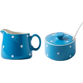CHOOLD Chic Polka Dot Ceramic Sugar and Creamer Set with Spoon Creamer Serving Set for Coffee and Tea(Pink/Blue/Yellow)