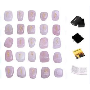 TGS Gems Amethyst Rune Stones Set Engraved Pagan Lettering with Instruction Booklet and Velvet Pouch